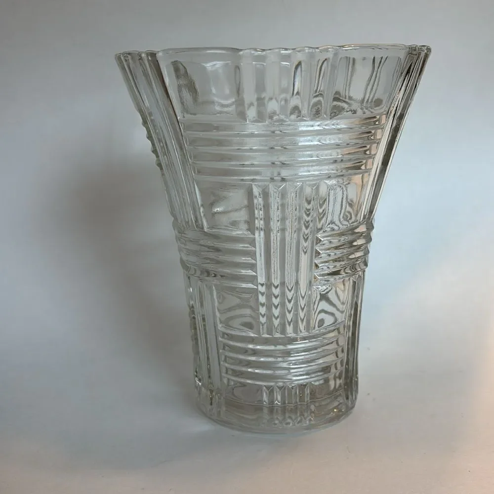 Vintage Anchor Hocking Clear Basket Weave Glass Vase Prismatic Criss Cross